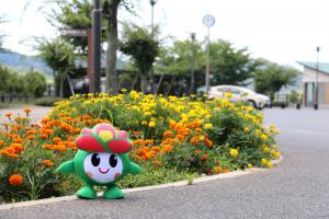 つばきの丘運動公園の花壇の前に立つ里ちゃん